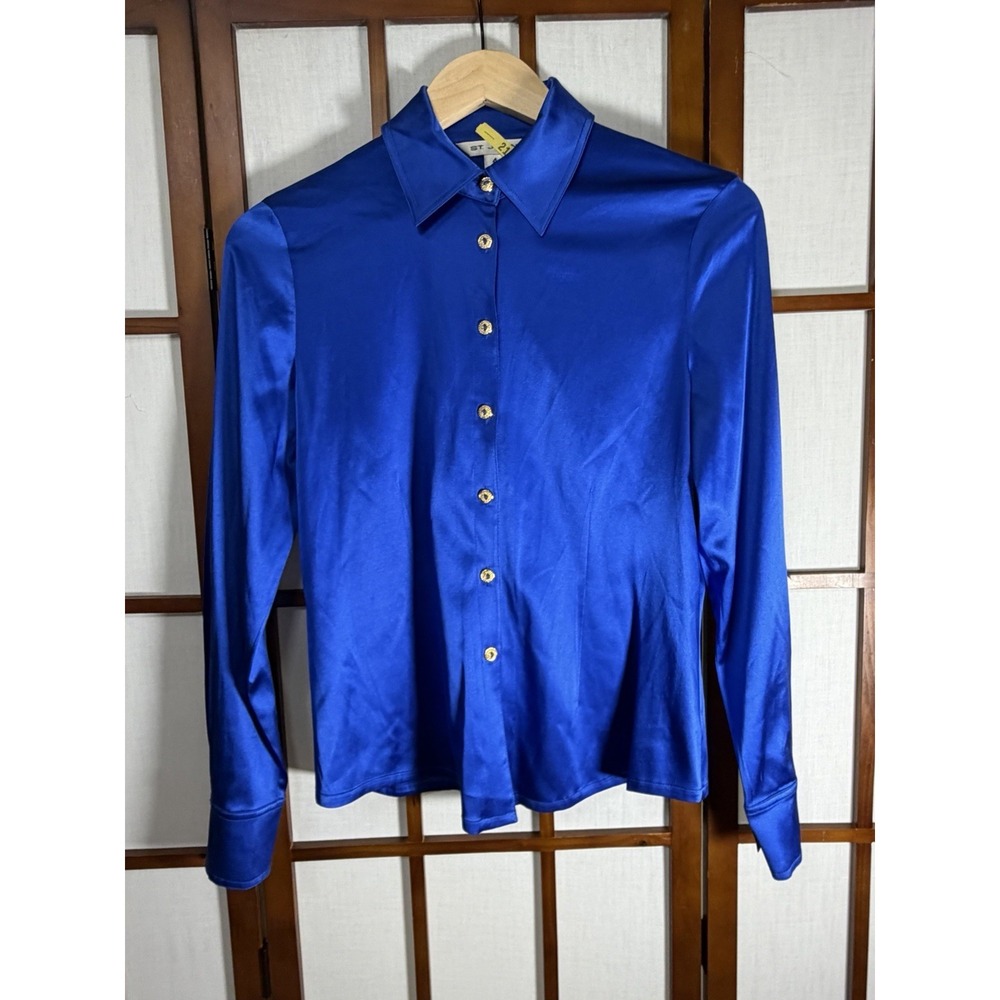 St John Silk Blouse 4 Royal Blue Button Front Satin Luxe Career Top Long Sleeve